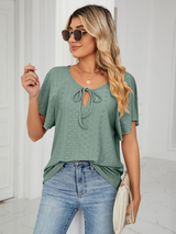 Women's Solid Color Flutter-sleeve Tie-neck Top