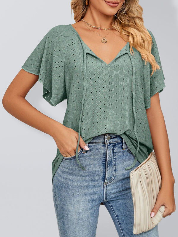 Women's Solid Color Flutter-sleeve Tie-neck Top