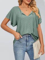 Women's Solid Color Flutter-sleeve Tie-neck Top
