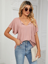 Women's Solid Color Flutter-sleeve Tie-neck Top