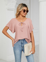 Women's Solid Color Flutter-sleeve Tie-neck Top