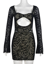 Women's Solid Color Cutout Zebra Print Flocked Mesh Long Sleeve Sheath Midi Dress