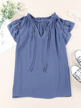 Women's Solid Color Flutter Sleeve V-neck Top With Tie