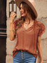 Women's Solid Color Flutter Sleeve V-neck Top With Tie