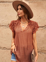 Women's Solid Color Flutter Sleeve V-neck Top With Tie