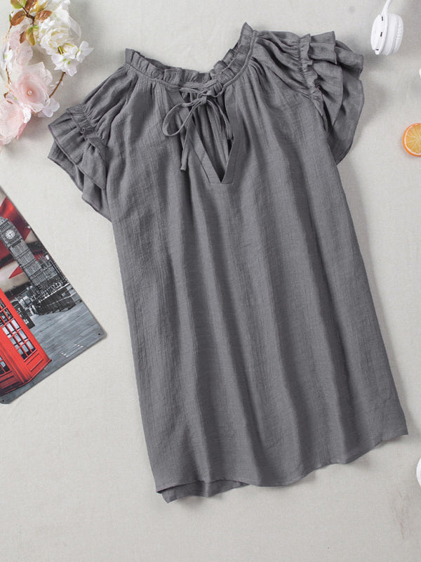 Women's Solid Color Flutter Sleeve V-neck Top With Tie