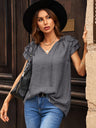 Women's Solid Color Flutter Sleeve V-neck Top With Tie