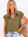 Women's Solid Color Flutter Sleeve V-neck Top With Tie