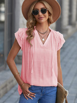 Women's Solid Color Flutter Sleeve V-neck Top With Tie