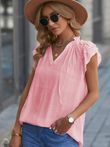 Women's Solid Color Flutter Sleeve V-neck Top With Tie