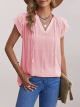 Women's Solid Color Flutter Sleeve V-neck Top With Tie