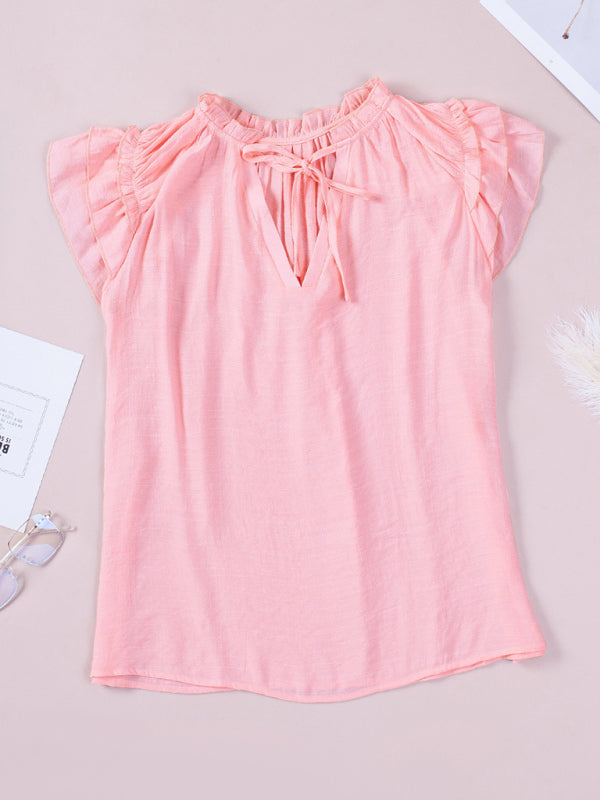 Women's Solid Color Flutter Sleeve V-neck Top With Tie
