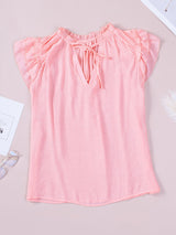 Women's Solid Color Flutter Sleeve V-neck Top With Tie