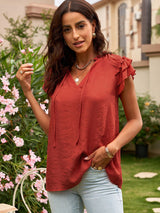 Women's Solid Color Flutter Sleeve V-neck Top With Tie
