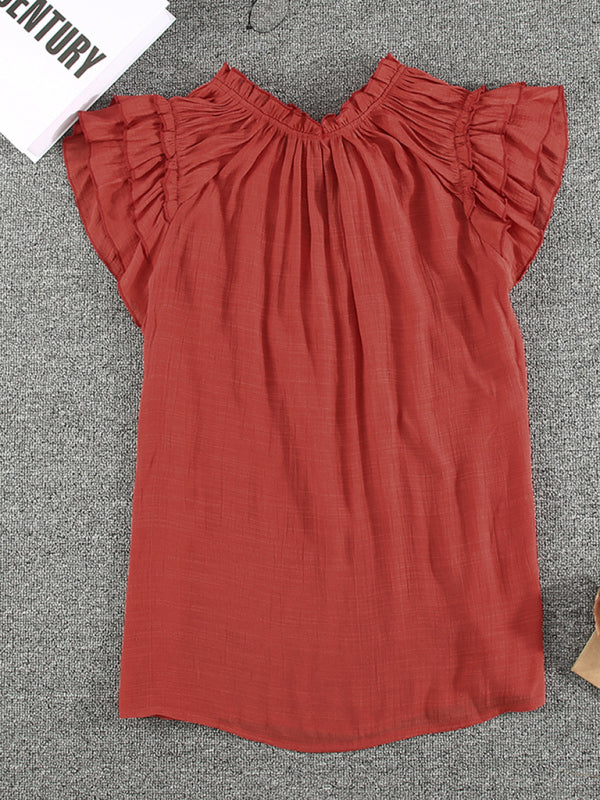 Women's Solid Color Flutter Sleeve V-neck Top With Tie
