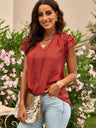 Women's Solid Color Flutter Sleeve V-neck Top With Tie