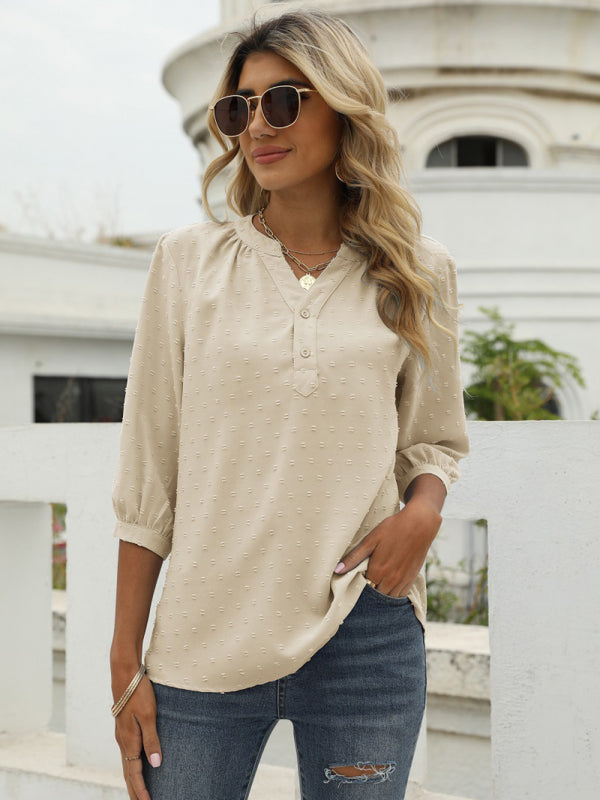 Women's Solid Color ¾ Sleeve Button Placket Jacquard Blouse