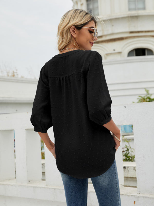 Women's Solid Color ¾ Sleeve Button Placket Jacquard Blouse