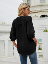 Women's Solid Color ¾ Sleeve Button Placket Jacquard Blouse