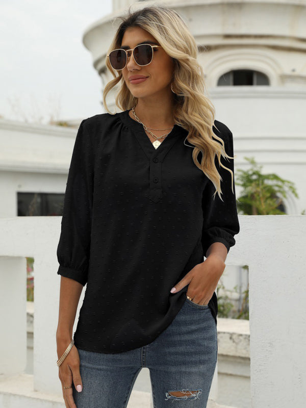 Women's Solid Color ¾ Sleeve Button Placket Jacquard Blouse