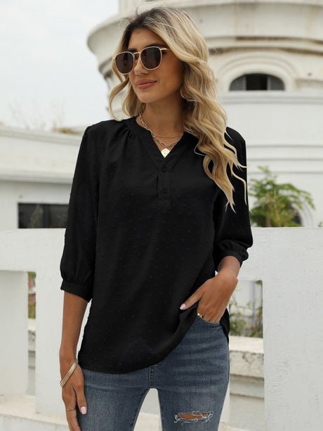 Women's Solid Color ¾ Sleeve Button Placket Jacquard Blouse