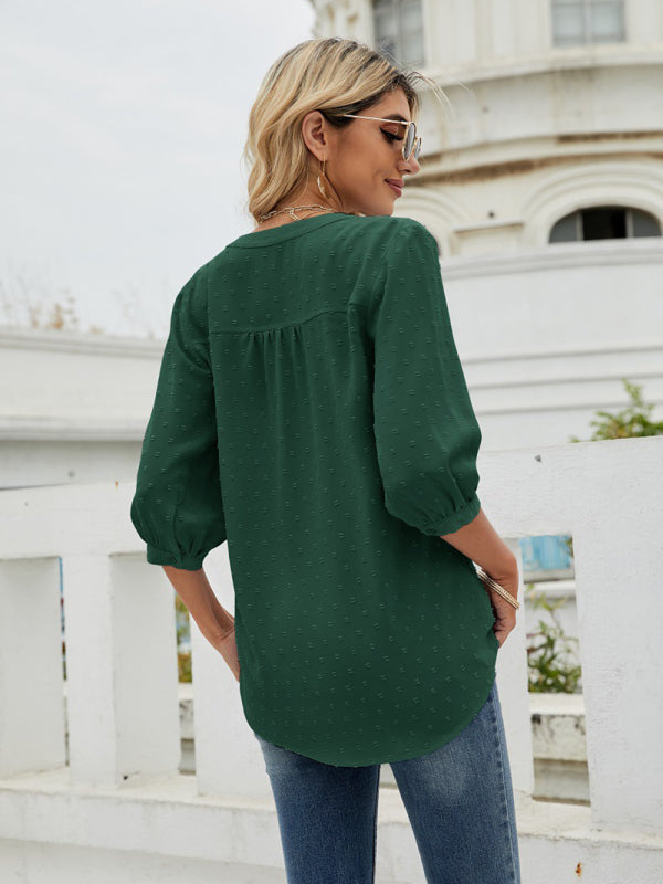 Women's Solid Color ¾ Sleeve Button Placket Jacquard Blouse