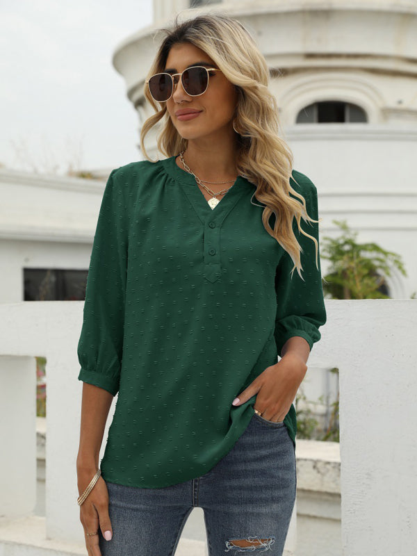 Women's Solid Color ¾ Sleeve Button Placket Jacquard Blouse