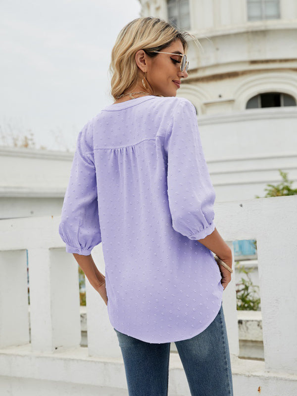 Women's Solid Color ¾ Sleeve Button Placket Jacquard Blouse