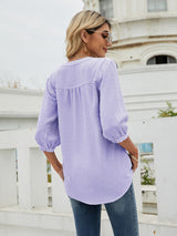 Women's Solid Color ¾ Sleeve Button Placket Jacquard Blouse