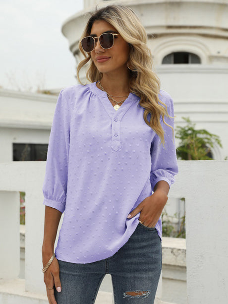 Women's Solid Color ¾ Sleeve Button Placket Jacquard Blouse
