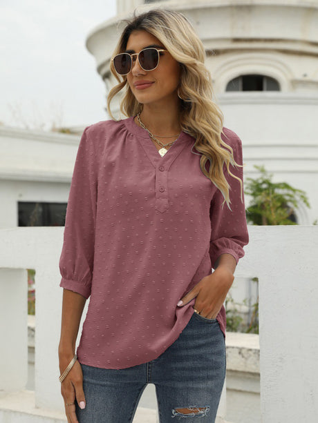 Women's Solid Color ¾ Sleeve Button Placket Jacquard Blouse