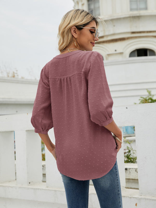 Women's Solid Color ¾ Sleeve Button Placket Jacquard Blouse