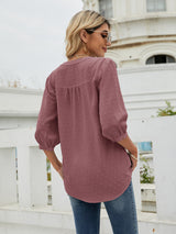 Women's Solid Color ¾ Sleeve Button Placket Jacquard Blouse
