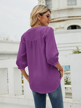 Women's Solid Color ¾ Sleeve Button Placket Jacquard Blouse