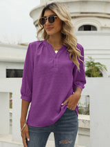 Women's Solid Color ¾ Sleeve Button Placket Jacquard Blouse