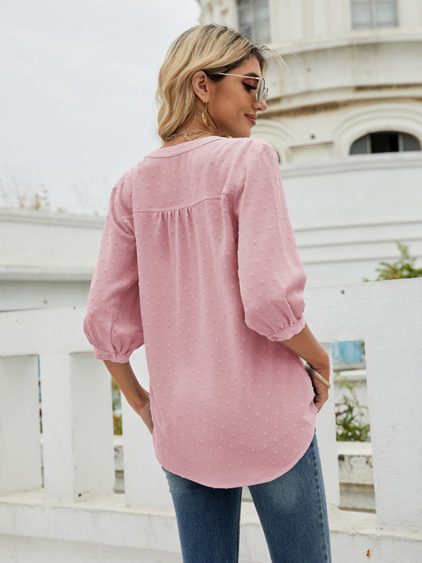 Women's Solid Color ¾ Sleeve Button Placket Jacquard Blouse