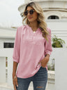 Women's Solid Color ¾ Sleeve Button Placket Jacquard Blouse