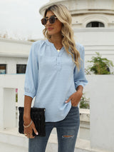 Women's Solid Color ¾ Sleeve Button Placket Jacquard Blouse