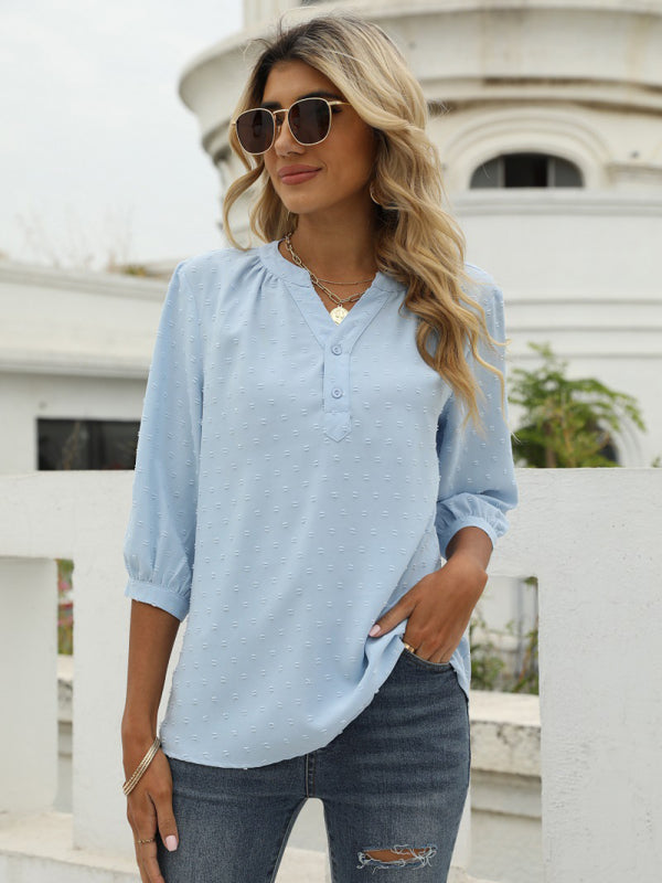 Women's Solid Color ¾ Sleeve Button Placket Jacquard Blouse