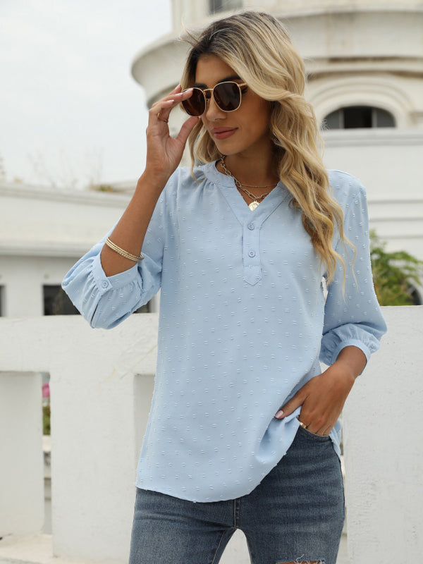Women's Solid Color ¾ Sleeve Button Placket Jacquard Blouse