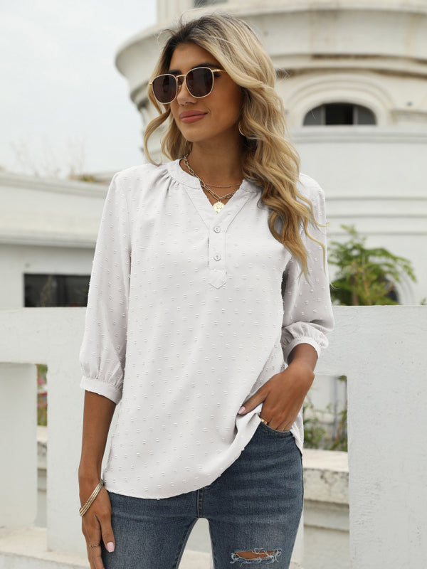 Women's Solid Color ¾ Sleeve Button Placket Jacquard Blouse