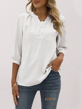 Women's Solid Color ¾ Sleeve Button Placket Jacquard Blouse