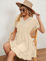 Women's Solid Color V-neck Fluttery Sleeves Ruffle Tiered Mini Dress