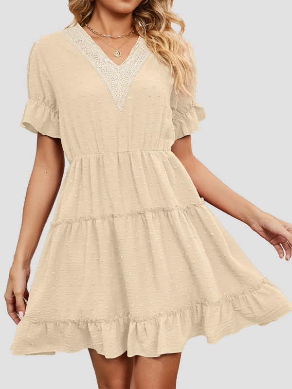 Women's Solid Color V-neck Fluttery Sleeves Ruffle Tiered Mini Dress