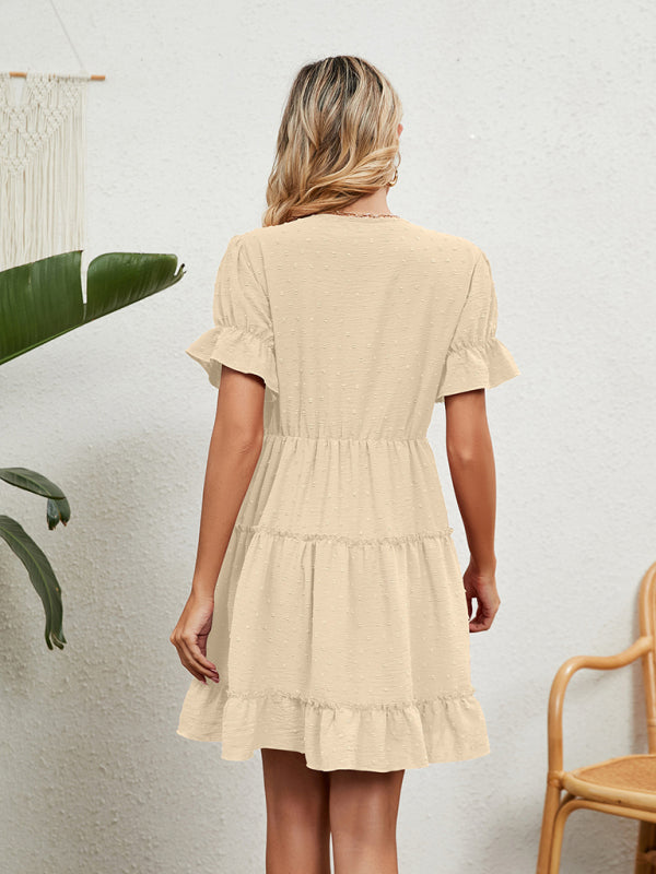 Women's Solid Color V-neck Fluttery Sleeves Ruffle Tiered Mini Dress