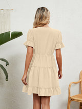 Women's Solid Color V-neck Fluttery Sleeves Ruffle Tiered Mini Dress