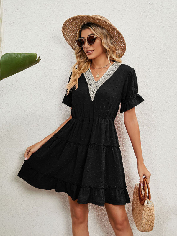 Women's Solid Color V-neck Fluttery Sleeves Ruffle Tiered Mini Dress