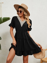 Women's Solid Color V-neck Fluttery Sleeves Ruffle Tiered Mini Dress