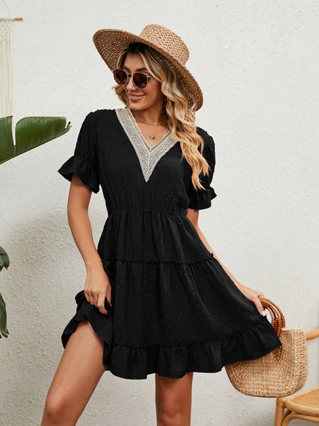 Women's Solid Color V-neck Fluttery Sleeves Ruffle Tiered Mini Dress