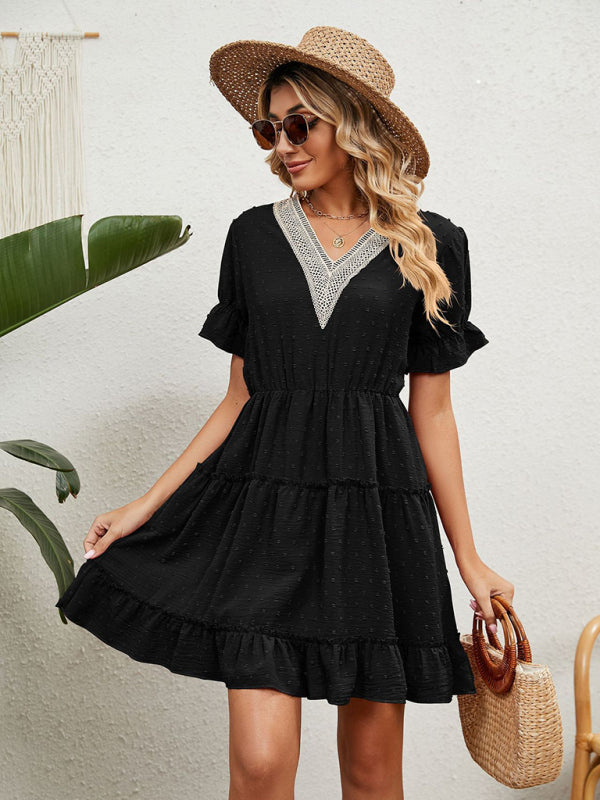 Women's Solid Color V-neck Fluttery Sleeves Ruffle Tiered Mini Dress
